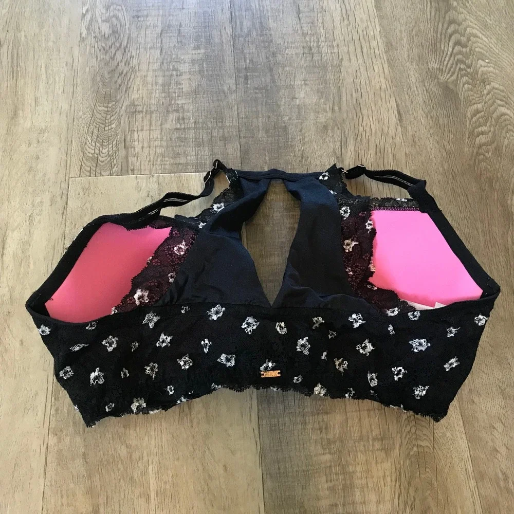 Pink Victoria's Secret 36DD Black Floral Lace Front Close Push Up Racerback Bra - Picture 3 of 6